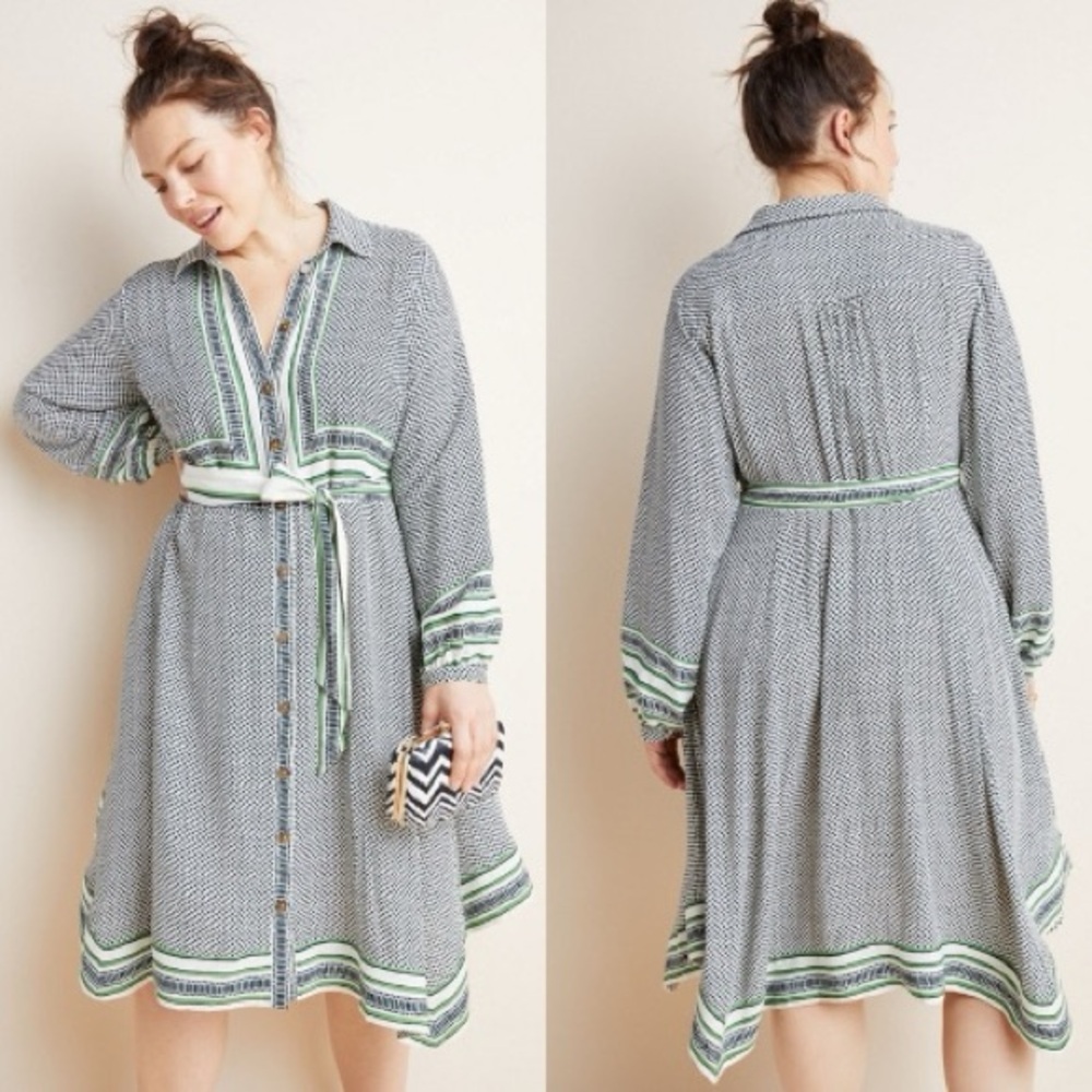 Anthropologie Black and White Patterned Midi Shirt Dress with Green Trim